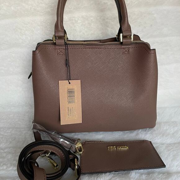 Brand New STEVE MADDEN Beautiful Caffe Satchel Tote Handbag Gold SM LOGO - Picture 3 of 8